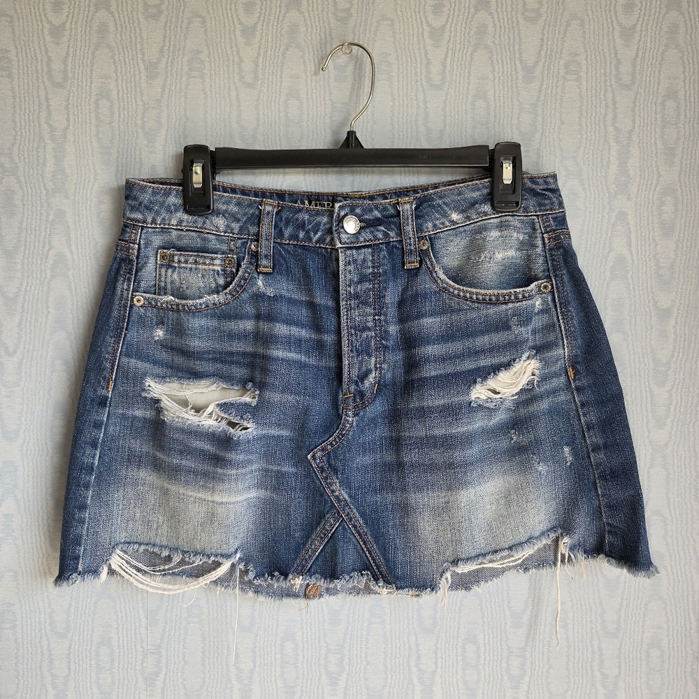 American Eagle‎ Stretch Denim Distressed Whiskered Mini Skirt Blue 8
